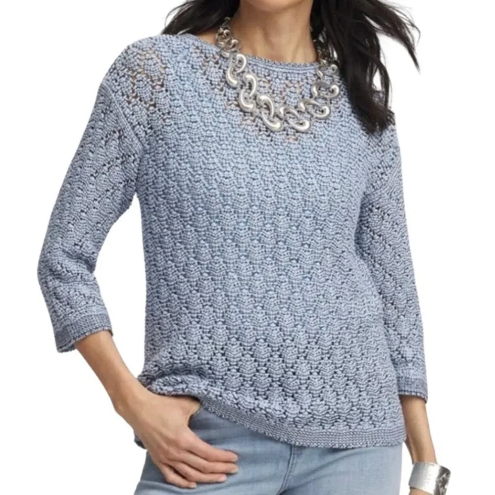 Chico's NWT Womens Crochet Pullover Sweater Denim Blue Knit 3/4 Sleeve Size 2